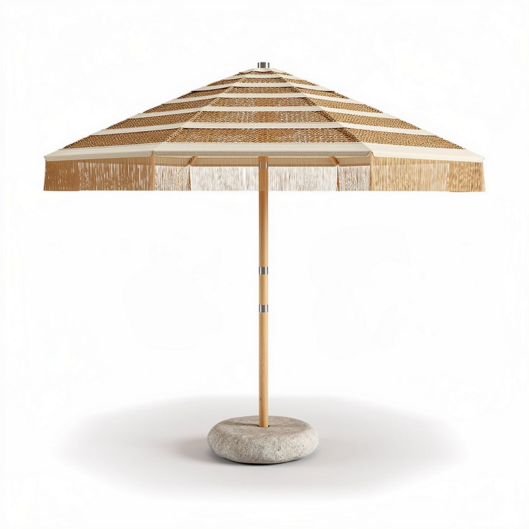 Sonnenschirm aus Holz mit beigem Stoff und Durchmesser von 300 cm