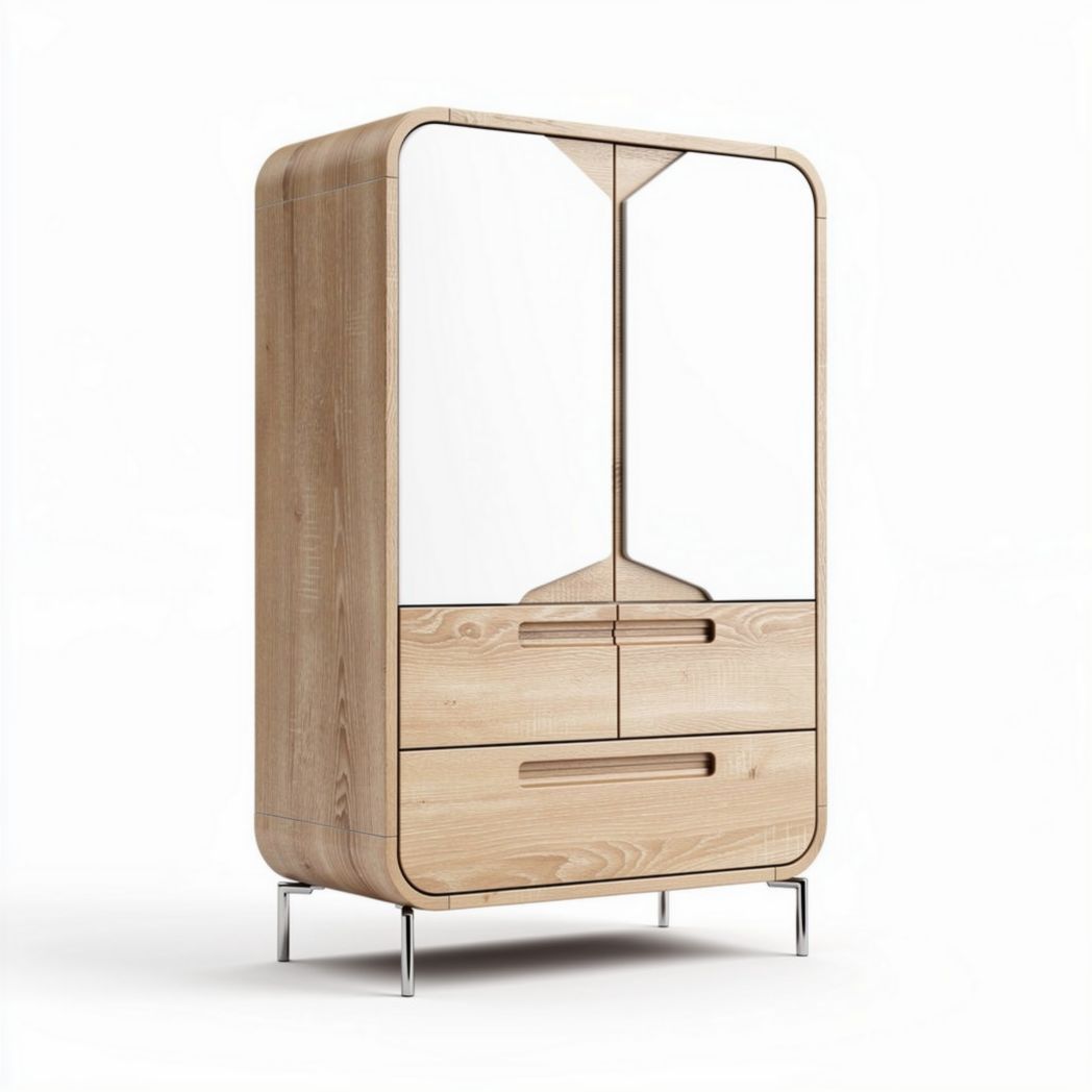 Kleiderschrank aus birkenholz mit spiegel und zwei schubladen 100 x 60 x 120cm