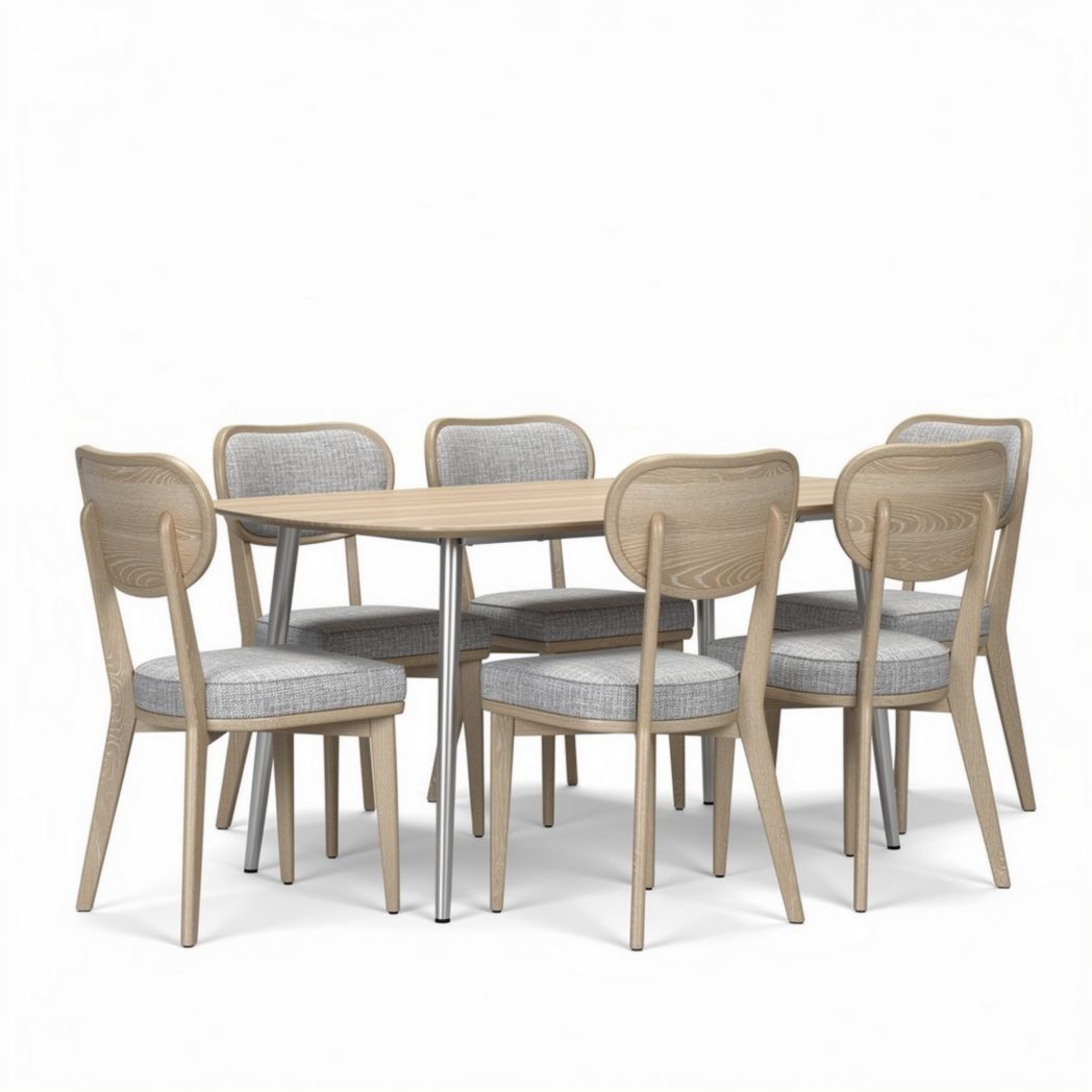 Esstischset aus hellem Holz mit sechs gepolsterten Stühlen in grau 150 x 150 x 75cm