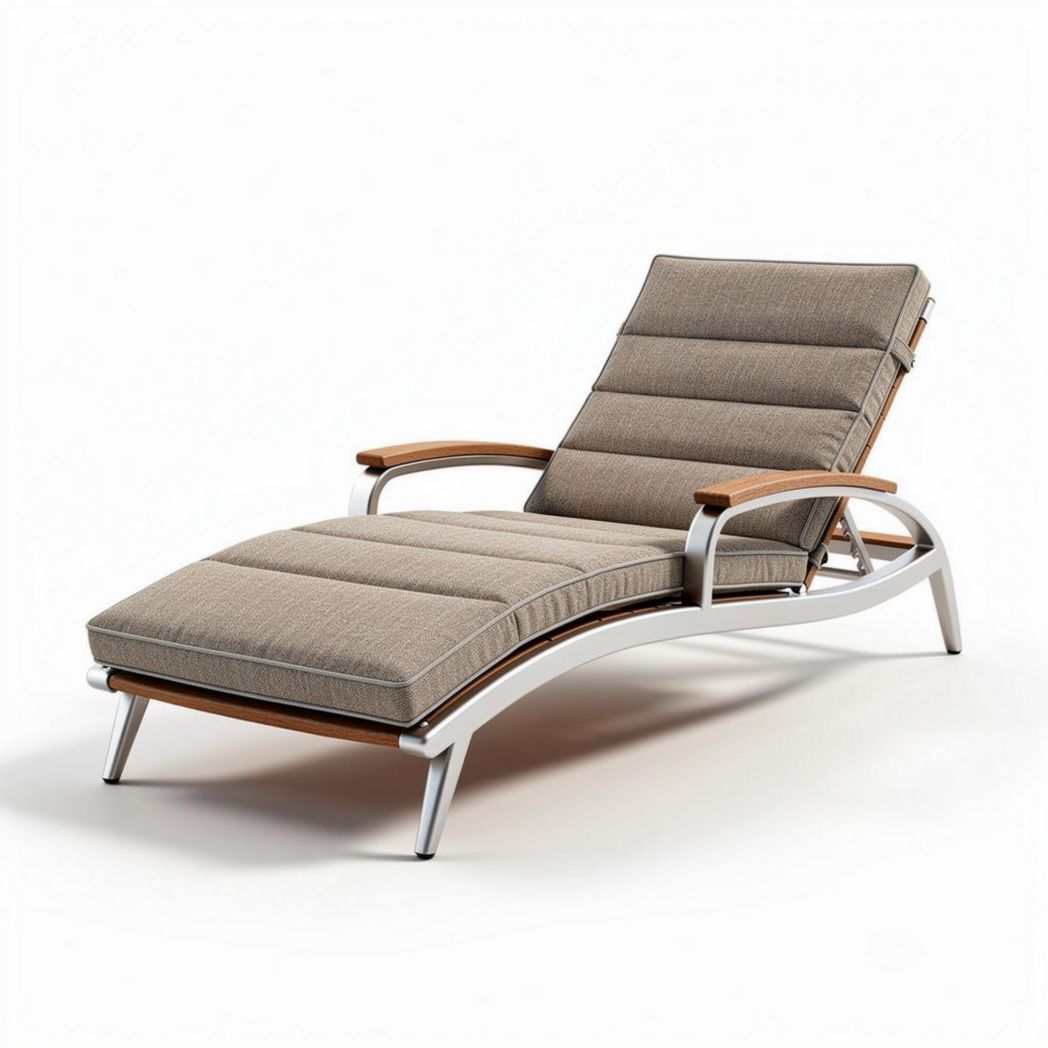 Lounge liege aus aluminum und holz mit beigem polster 170 x 65 x 80cm