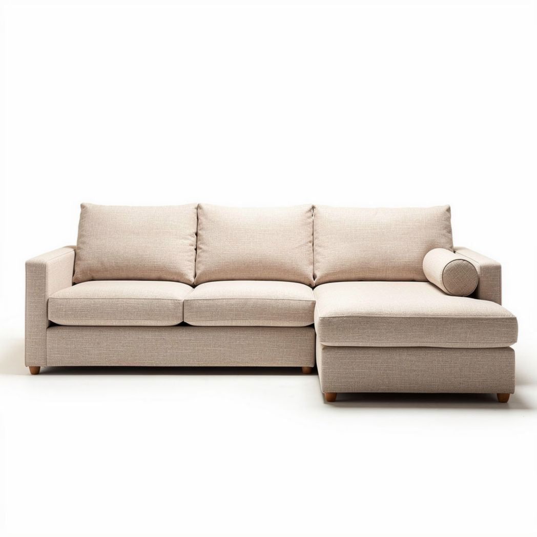 Ecksofa aus hellbeigem stoff mit ottomane und armkissen 200 x 90 x 85 cm